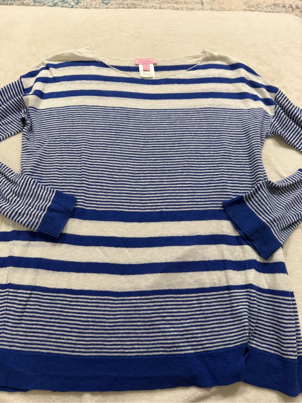 Lilly Pulitzer Camilla Blue White Stripe Linen Sweater Large Long Sleeve E04